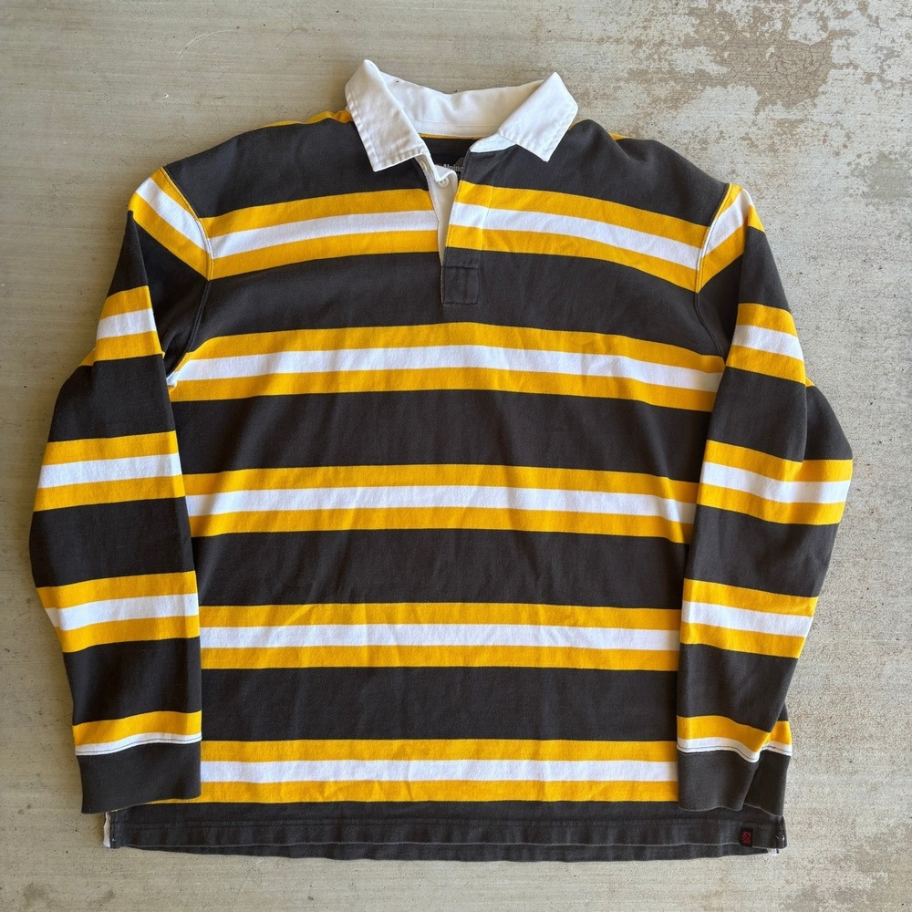 Alpine Design Mens Rugby Shirt Long Sleeve XXL Yellow Gray Striped Y2K Polo
